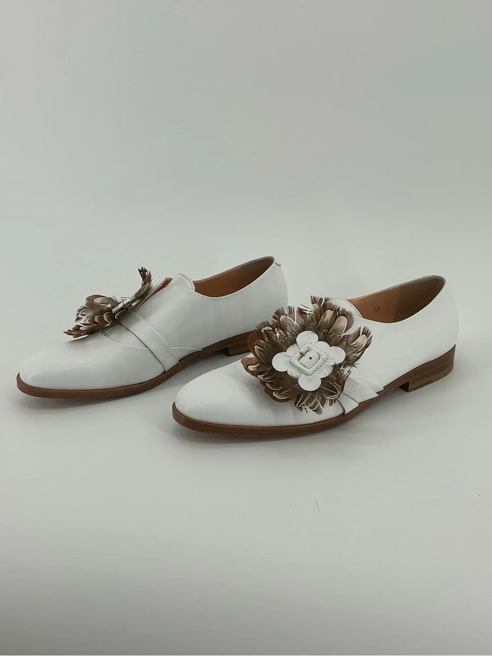 Rupert Sanderson White Leather Feather Embellished Loafers Flats 38